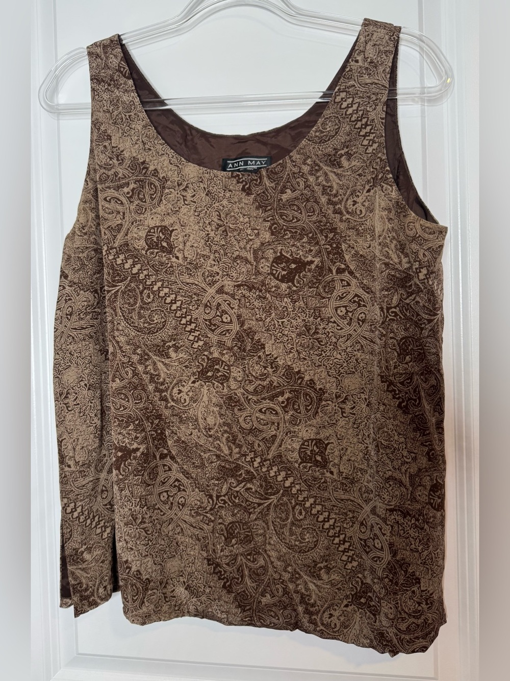 Ann may Brown Paisley Scoop Neck Women's Tank blouse 100% silk sz MD